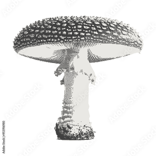 Dither monochrome mushroom with halftone effect in a trendy bitmap style. Contemporary stipple grunge punk element. Vintage dotted sticker for poster art or t-shirt. photo