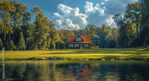 A house in the distance, green grass and trees on both sides of it, blue sky with white clouds above it. Generative AI.