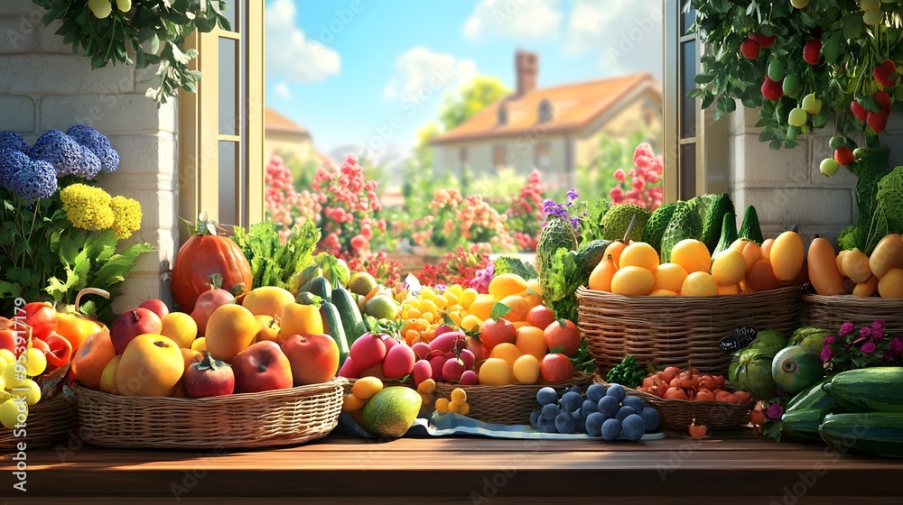 A bright brunch table filled with 3D-rendered fresh fruits and vegetables from the market A bright brunch table filled with 3D-rendered fresh fruits and vegetables from the market