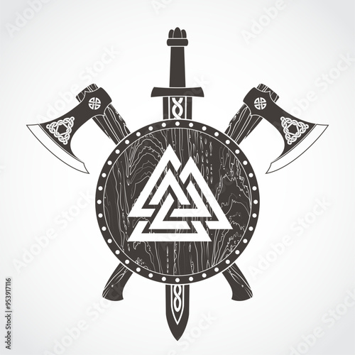 viking arms set shield axe and sword heraldry logo with valknut