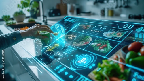 Innovative kitchen technology enhances meal preparation with interactive, holographic displays for healthier cooking options. photo