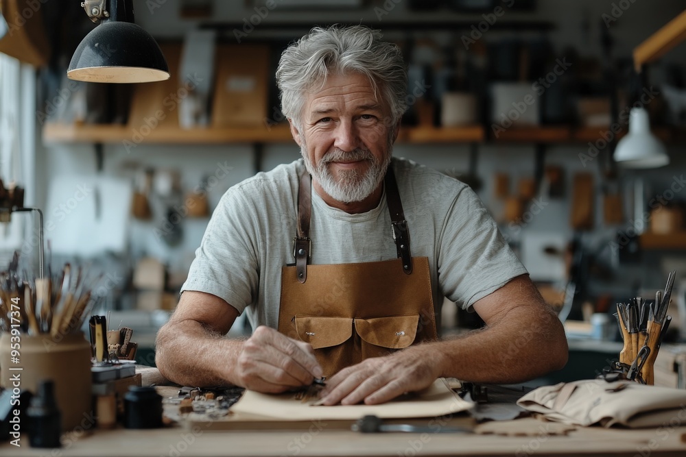 An elderly man with a gray beard and apron is working diligently in his workshop, surrounded by various tools and equipment, showcasing his craftsmanship and dedication. An elderly man with a gray beard and apron is working diligently in his workshop, surrounded by various tools and equipment, showcasing his craftsmanship and dedication.