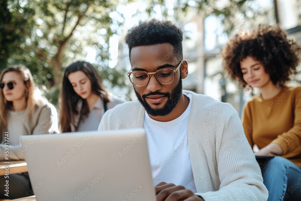 A young man with glasses sits outside in a sunny urban setting, diligently working on his laptop, surrounded by friends engaged in their own activities. A young man with glasses sits outside in a sunny urban setting, diligently working on his laptop, surrounded by friends engaged in their own activities.