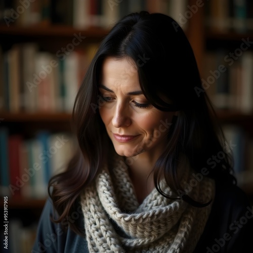 Reflective Woman in a Cozy Library Setting