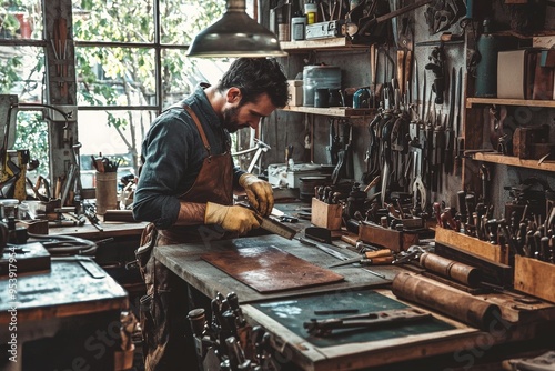 Craftsman Leatherworking in Traditional Workshop: Creative Art of Handmade Leather Goods