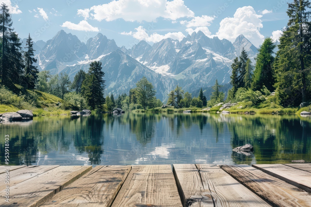 Scenic view of a serene lake surrounded by majestic mountains and lush greenery under a clear blue sky. Scenic view of a serene lake surrounded by majestic mountains and lush greenery under a clear blue sky.
