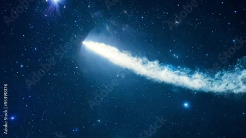 Brilliant comet streaking across a starry night sky.