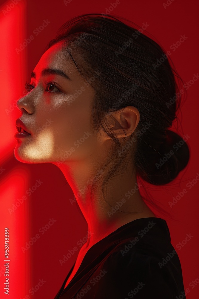 Profile of a Woman in Dramatic Red Lighting, Highlighting Facial Features and Soft Shadows, with Hair Tied Back and Intense Artistic Contrast EffectPortrait Profile of a Woman in Dramatic Red Lighting, Highlighting Facial Features and Soft Shadows, with Hair Tied Back and Intense Artistic Contrast EffectPortrait