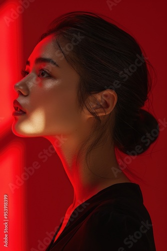 Profile of a Woman in Dramatic Red Lighting, Highlighting Facial Features and Soft Shadows, with Hair Tied Back and Intense Artistic Contrast EffectPortrait