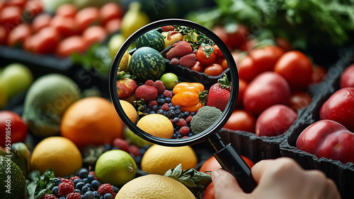 Close-up of a magnifying lens held by a hand, focusing on fresh fruits in the backdrop. For quality inspection, food safety, and freshness concepts.