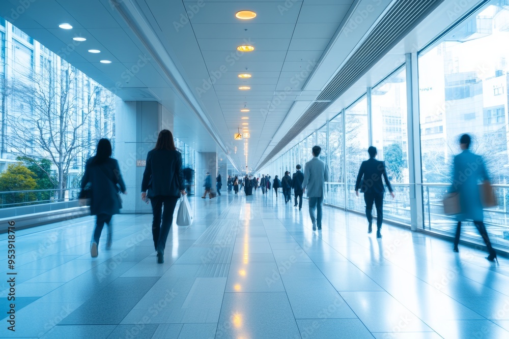 Blurry image. background image of a Group of young People walking quickly in a modern building Blurry image. background image of a Group of young People walking quickly in a modern building