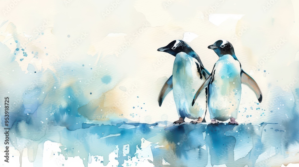 Obraz premium Two adorable penguins stand together in a beautiful watercolor style, surrounded by soft blue and beige hues that evoke tranquility.