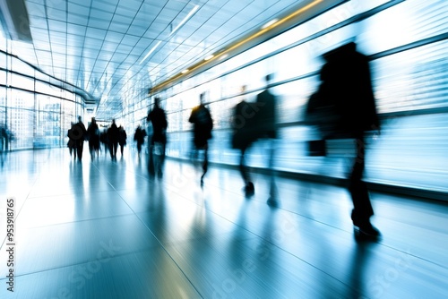 Blurry image. background image of a Group of young People walking quickly in a modern building