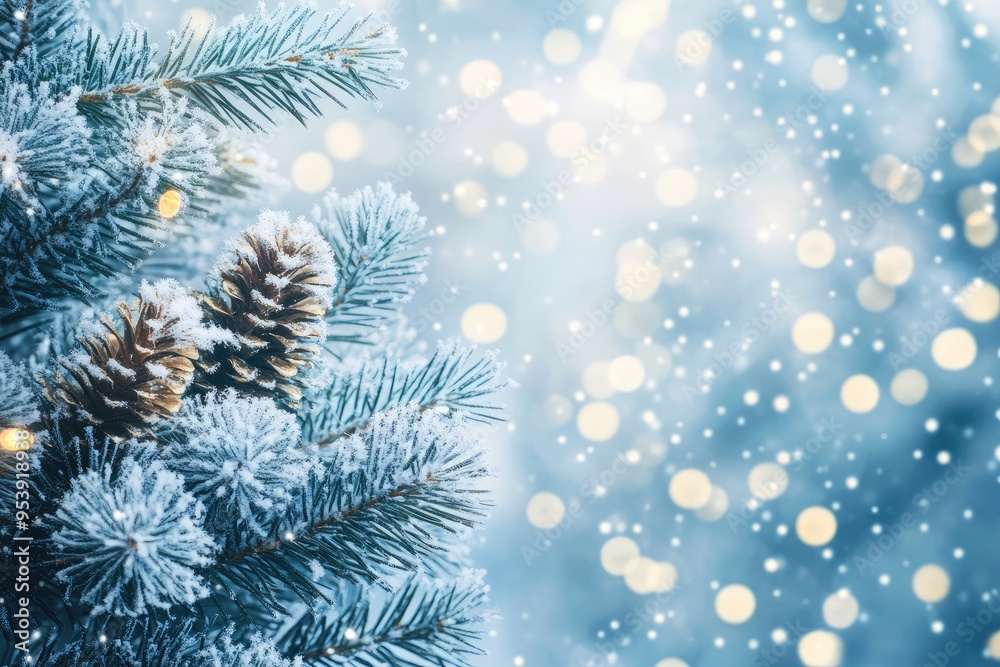 Snowy Pine Branch with Pine Cones and Bokeh Lights Snowy Pine Branch with Pine Cones and Bokeh Lights