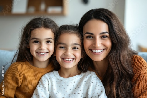 A mother with her two joyful daughters, all smiling warmly, posed together indoors, creating a scene brimming with love, happiness, and family bonding.