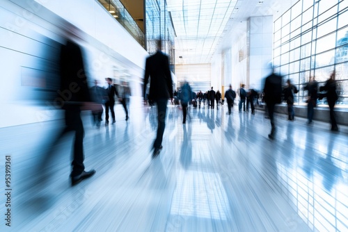 Blurry image. background image of a Group of young People walking quickly in a modern building. people in a hurry on business