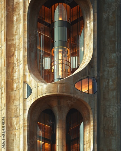 Modern architectural detail showcasing large, round window openings and a glass elevator with warm lighting in a contemporary buildingarchitecture