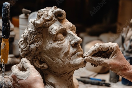 Sculptor Shaping Clay Figure with Precision in Artist Studio, Surrounded by Artistic Tools and Sculptures