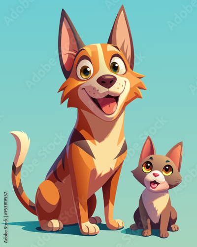 Adorable cat and dog friendship smiling, funny and fluffy kitten and puppy sitting together mascot. Cute cat and dog flat illustration cartoon.