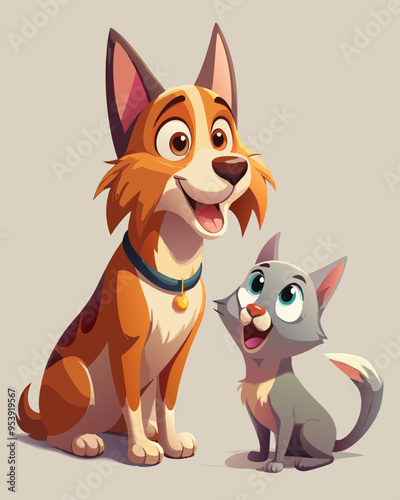 Adorable cat and dog friendship smiling, funny and fluffy kitten and puppy sitting together mascot. Cute cat and dog flat illustration cartoon.
