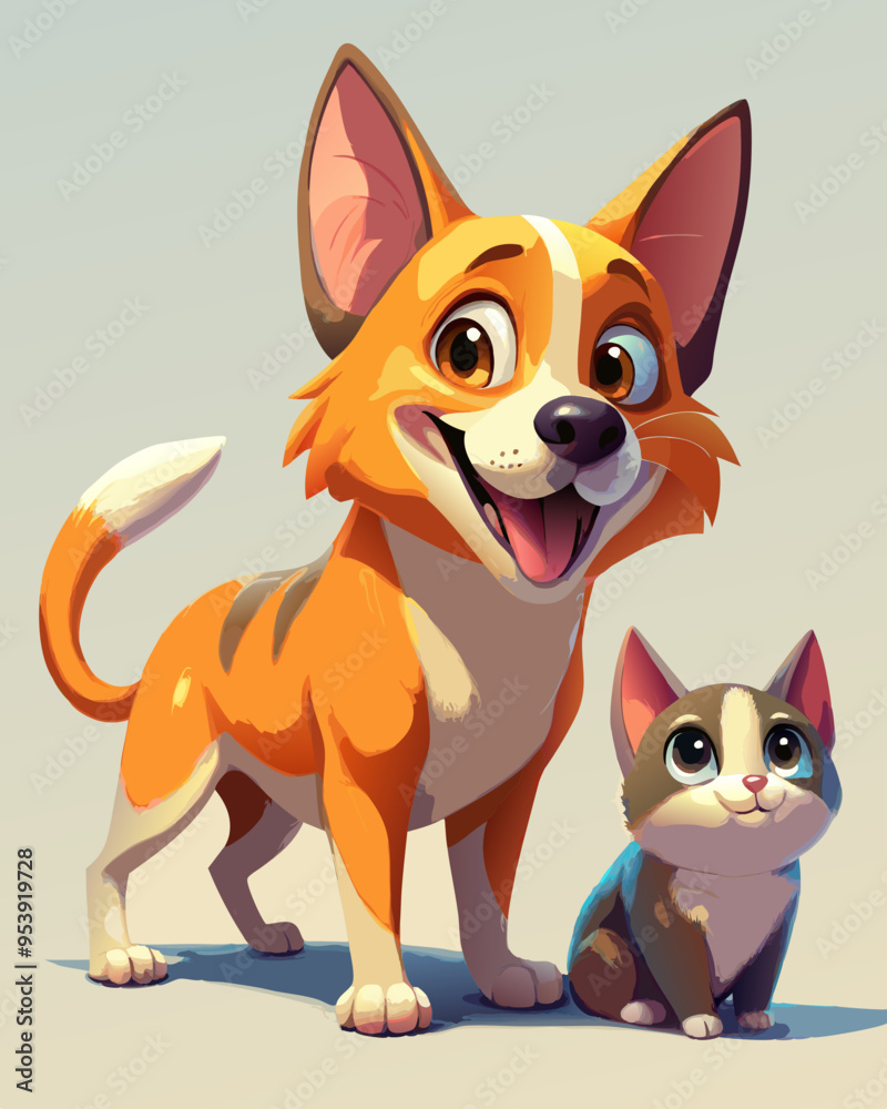 Adorable cat and dog friendship smiling, funny and fluffy kitten and puppy sitting together mascot. Cute cat and dog flat illustration cartoon. Adorable cat and dog friendship smiling, funny and fluffy kitten and puppy sitting together mascot. Cute cat and dog flat illustration cartoon.