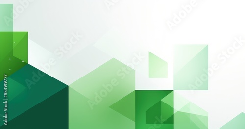 A modern abstract design featuring various shades of green geometric shapes on a light background.