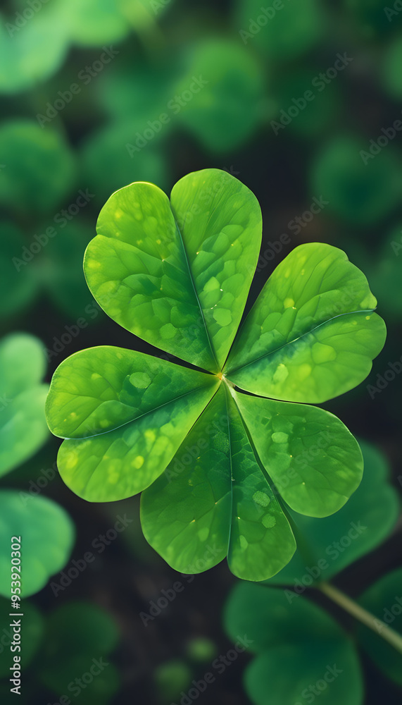 A close-up of a vibrant green four-leaf clover standing tall amidst a blurred green background. The leaves are glossy and well-defined, capturing the sunlight beautifully. A close-up of a vibrant green four-leaf clover standing tall amidst a blurred green background. The leaves are glossy and well-defined, capturing the sunlight beautifully.