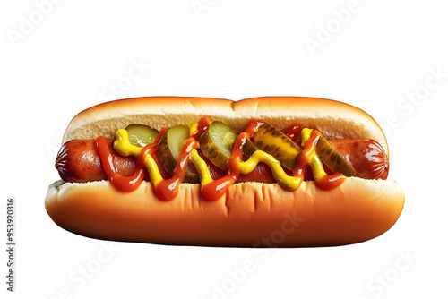 A delicious hot dog with mustard, ketchup and pickles, isolated 