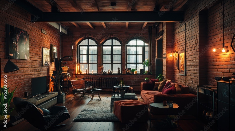 Cozy Loft Living Room with Exposed Brick Walls and Large Windows Cozy Loft Living Room with Exposed Brick Walls and Large Windows