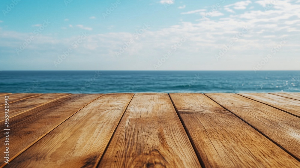 Closeup shot of a wooden table with sea in the background.