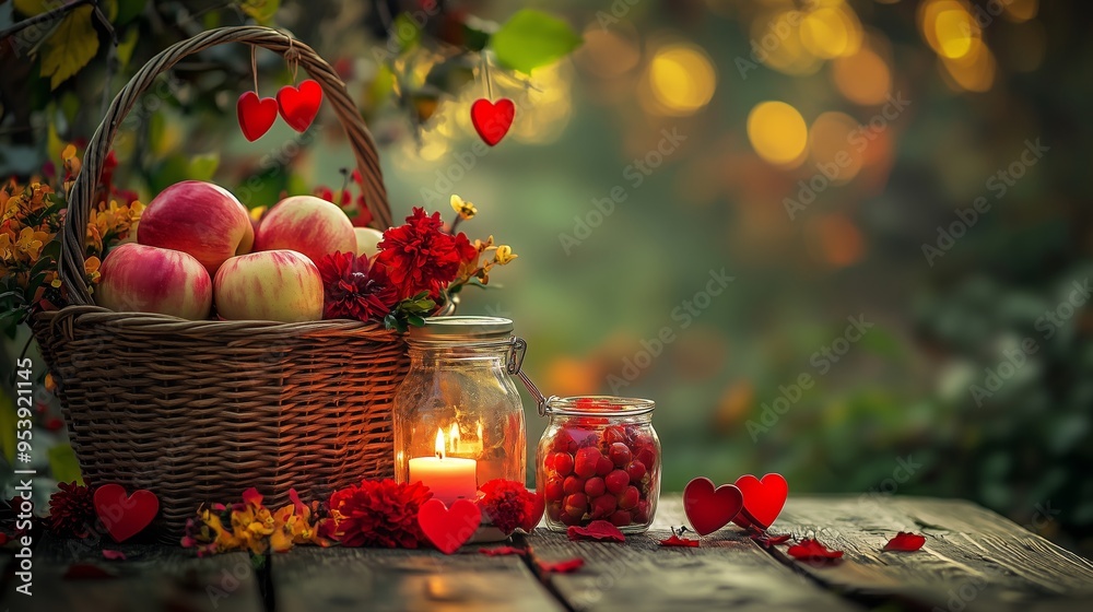 A basket of red apples, flowers, and heart-shaped decorations on an old wooden table in the garden. A basket of red apples, flowers, and heart-shaped decorations on an old wooden table in the garden.
