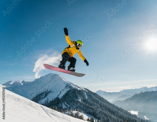 Snowboarder Performing Jump with Snow Flying Off Board in Mountainous Terrain