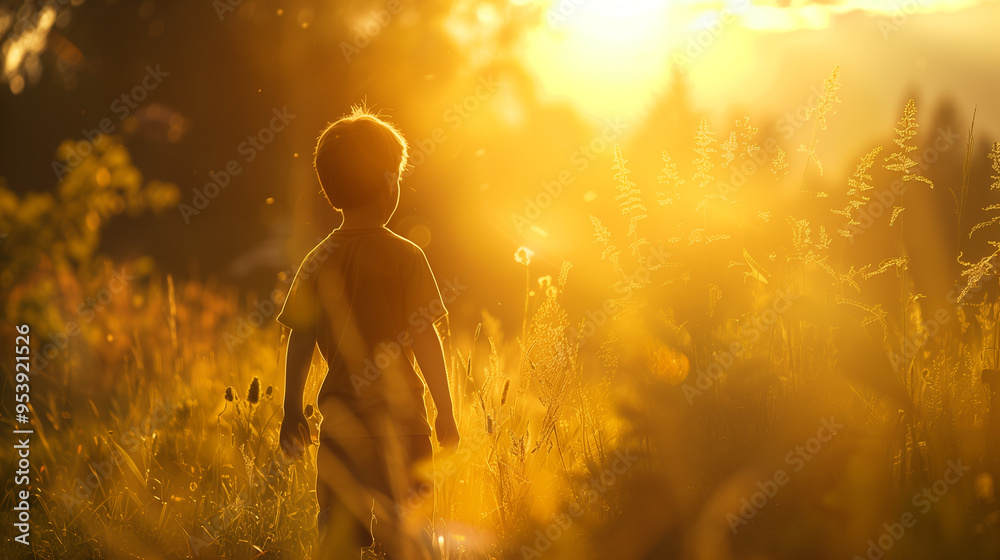 Back of a young boy at the sunset in the field, golden hour photo, sunset, happy childhood Back of a young boy at the sunset in the field, golden hour photo, sunset, happy childhood