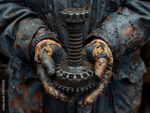 Workman's Dirty Gloved Hands Holding Old Greasy Mechanical Gear Part in a Blue Industrial Suit Detailed Close-Up Shotdirty