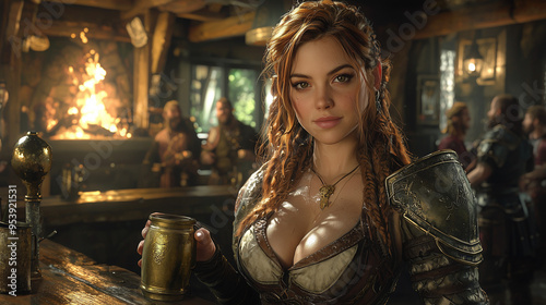 cheerful dwarf with braided hair and armor holding a mug in a warm and lively tavern surrounded by dwarves photo