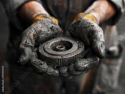 Dirty Grease-Covered Hands of an Industrial Worker Holding a Rusty Metal Gear in a Workshop, Symbolizing Hard Work and Labormechanic