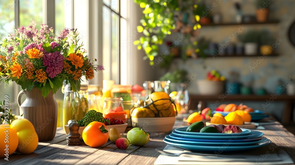 A colorful brunch table with 3D-rendered fresh produce from the farmers market A colorful brunch table with 3D-rendered fresh produce from the farmers market