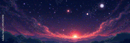 Pixelated beautiful sunset on alien planet horizon in universe. Panoramic deep space scene background in vintage pixel art style with dithering effect for 8-bit retro video game. Vector illustration
