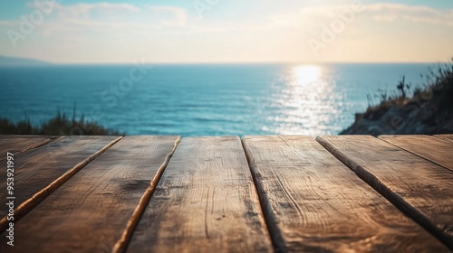 Closeup shot of a wooden table with sea in the background.