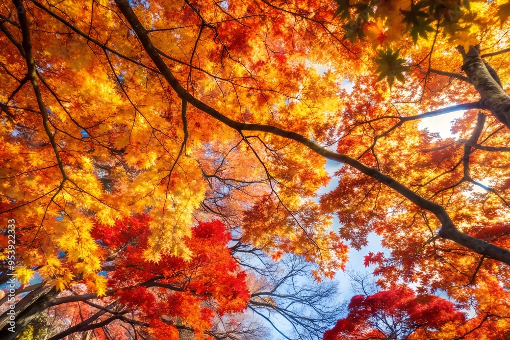 Colorful Autumn Leaves Against Bright Blue Sky from Low Angle
Colorful Autumn Leaves Against Bright Blue Sky from Low Angle