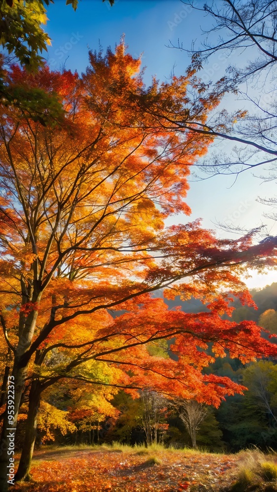 Fototapeta premium Autumn Tree with Vibrant Red and Orange Leaves at Sunrise