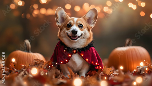 A cheerful corgi in a festive cape surrounded by pumpkins and autumn leaves, capturing the spirit of Halloween. photo