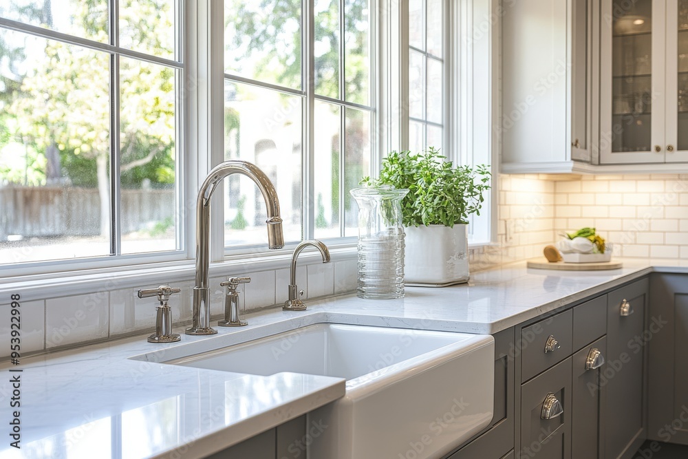 Kitchen water mixer. Water tap made of chrome material, Kitchen architecture Kitchen water mixer. Water tap made of chrome material, Kitchen architecture