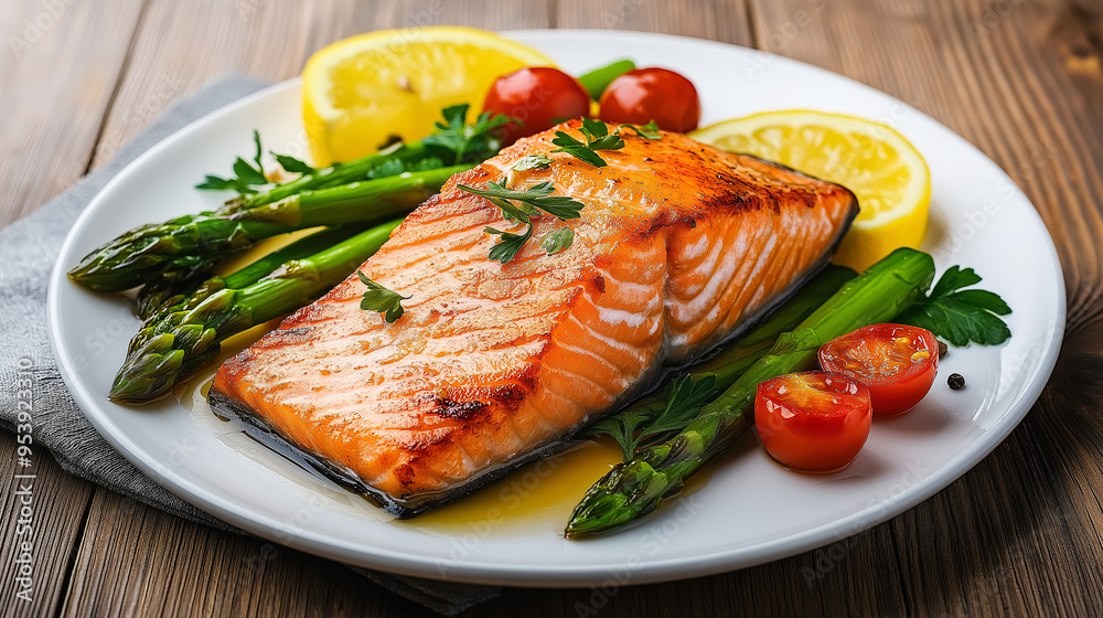 Grilled Salmon Fillet with Asparagus, Lemon, and Cherry Tomatoes on Wooden Background Grilled Salmon Fillet with Asparagus, Lemon, and Cherry Tomatoes on Wooden Background