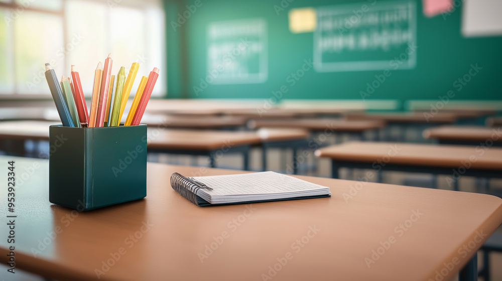 Colorful Pencils in Holder on Classroom Desk with Chalkboard Background Colorful Pencils in Holder on Classroom Desk with Chalkboard Background