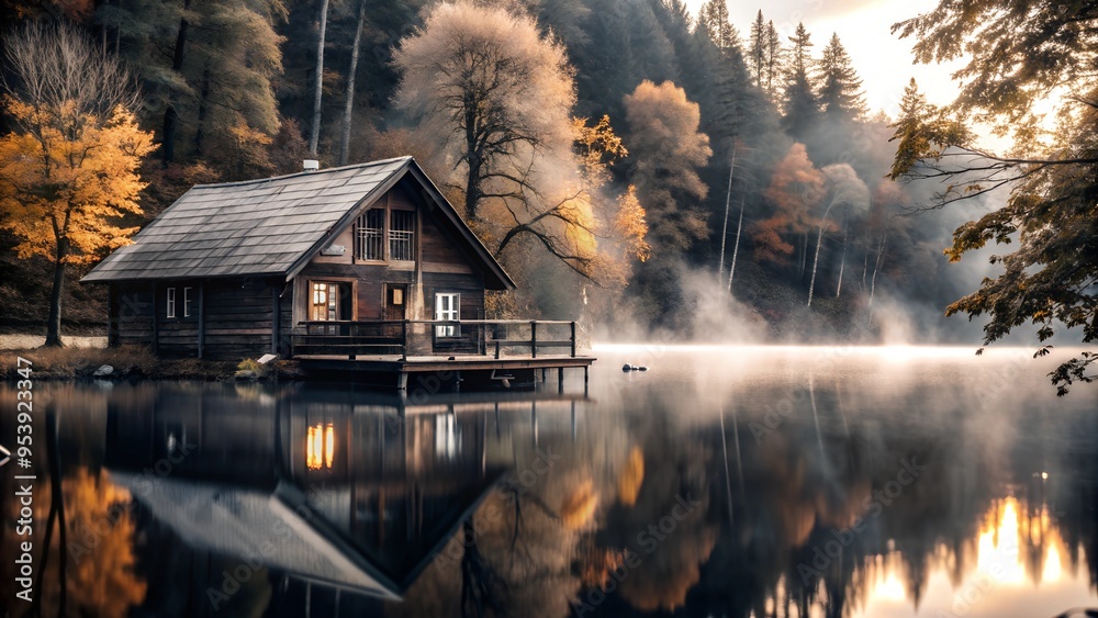Fototapeta premium Lakeside Cabin with Mist and Autumn Reflections