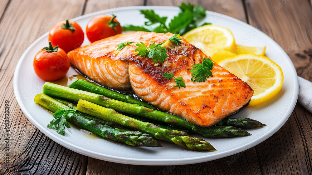 Grilled Salmon Fillet with Asparagus and Lemon on Wooden Table Grilled Salmon Fillet with Asparagus and Lemon on Wooden Table