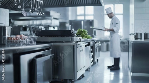 Fototapeta Naklejka Na Ścianę i Meble -  Chef Working in Professional Kitchen with Industrial-Grade Equipment and Commercial Dishwashing Machine