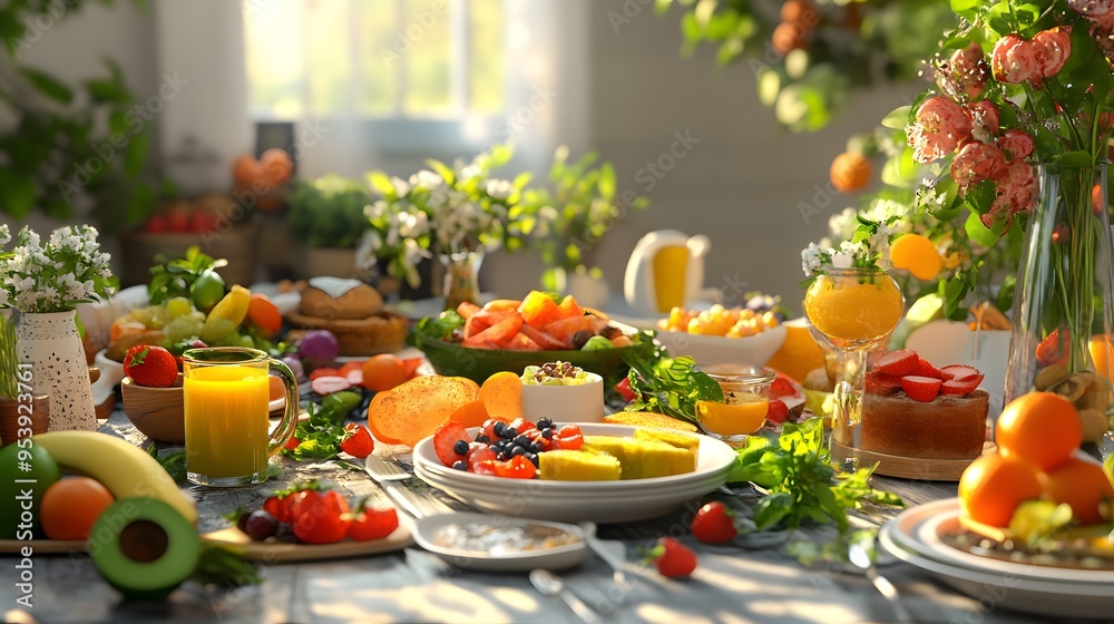A fresh vibrant brunch table with 3D-rendered seasonal dishes and local ingredients A fresh vibrant brunch table with 3D-rendered seasonal dishes and local ingredients