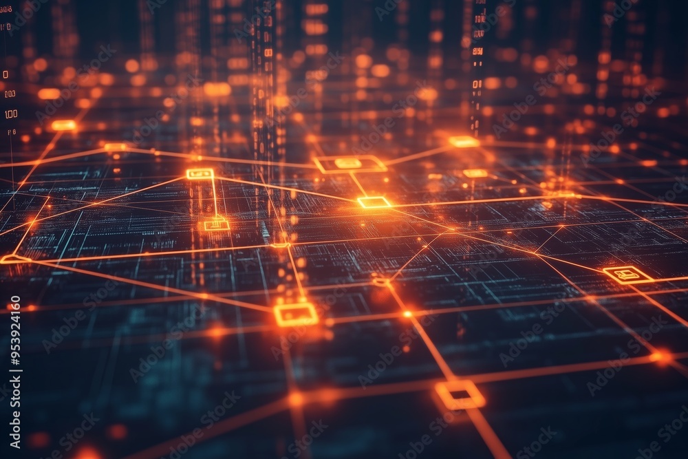 A visually striking image of a digital network, featuring an abstract representation of interconnected data nodes glowing with vibrant orange light against a dark background. A visually striking image of a digital network, featuring an abstract representation of interconnected data nodes glowing with vibrant orange light against a dark background.